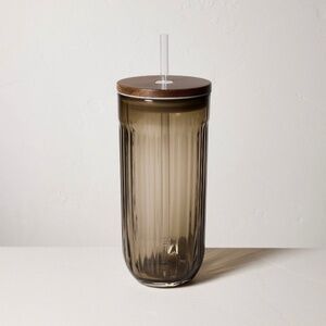 Hearth & Hand Magnolia 21oz Brown Fluted Glass Tumbler with Wood Lid